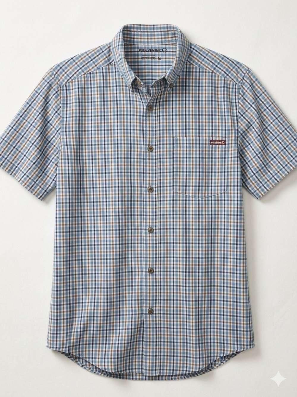 Wolverine Light Blue and Tan Plaid Short Sleeve Button-Down Shirt